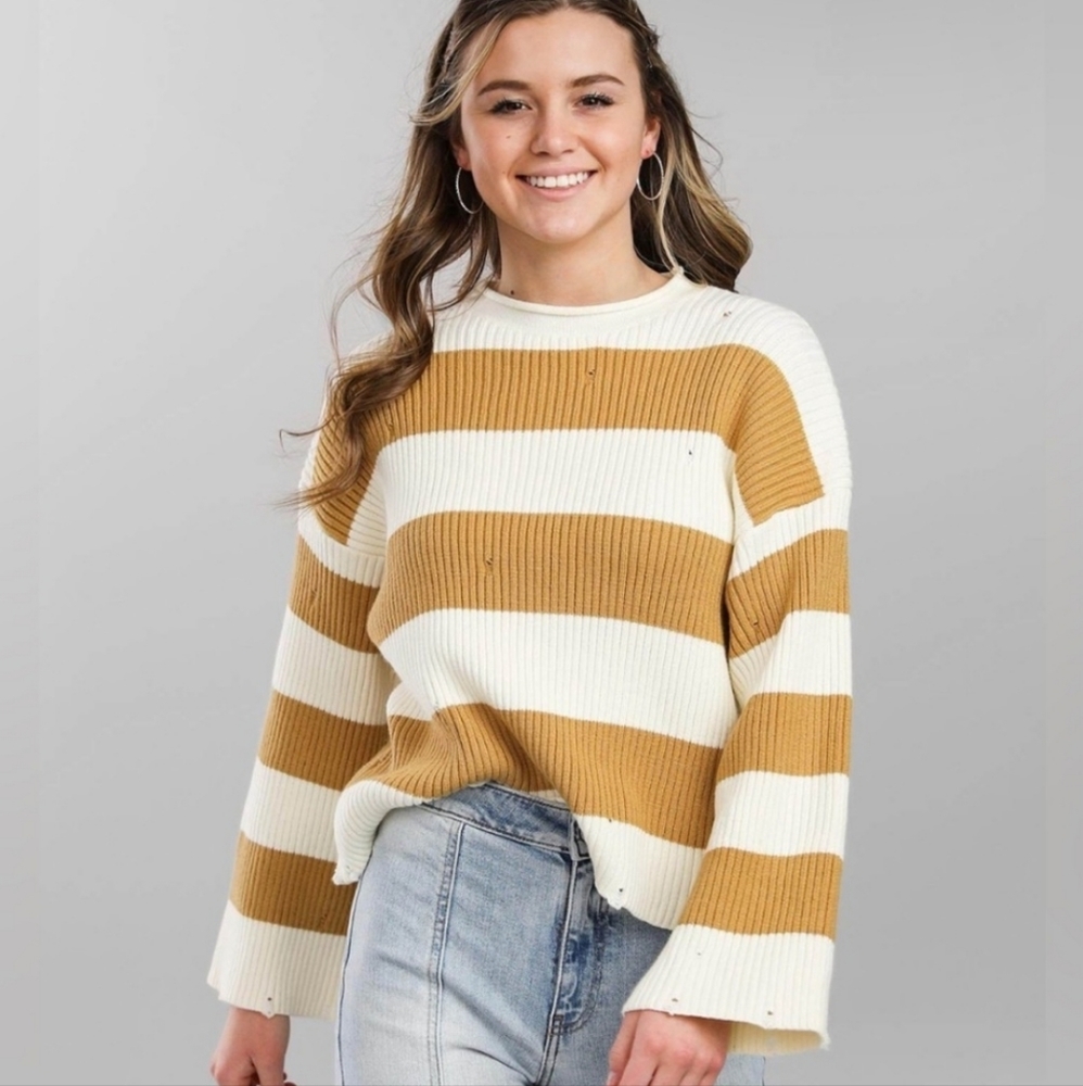 BKE Buckle Striped Cropped Sweater